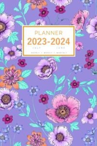 planner july 2023-2024 june: 6x9 medium notebook organizer with hourly time slots | beautiful flower garden design blue-violet
