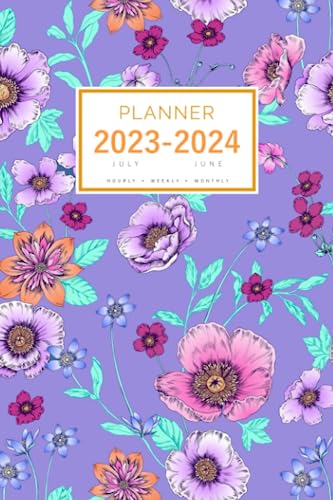 Planner July 2023-2024 June: 6x9 Medium Notebook Organizer with Hourly Time Slots | Beautiful Flower Garden Design Blue-Violet