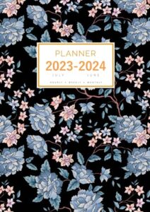 planner july 2023-2024 june: a4 large notebook organizer with hourly time slots | vintage flower leaf design black