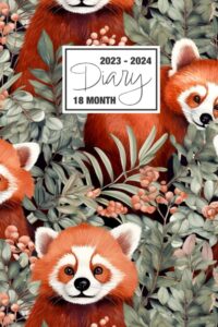 2023 - 2024: 18 month diary a5 week to view on 2 pages weekly journal agenda wo2p planner jul 23 to dec 24 horizontal with moon phases, uk & us ... red panda watercolour nature leaves design