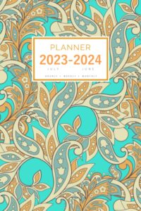 planner july 2023-2024 june: 6x9 medium notebook organizer with hourly time slots | creative ethnic flower design turquoise