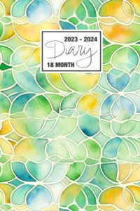 2023 - 2024: 18 month diary a5 week to view on 2 pages weekly journal agenda wo2p planner jul 23 to dec 24 horizontal with moon phases, uk & us ... pattern with yellow blue tones geometric