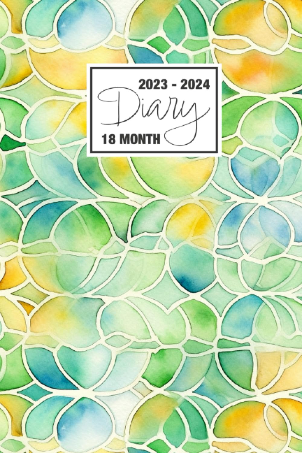 2023 - 2024: 18 Month Diary A5 Week to View on 2 Pages Weekly Journal Agenda WO2P Planner Jul 23 to Dec 24 Horizontal With Moon Phases, UK & US ... Pattern With Yellow Blue Tones Geometric