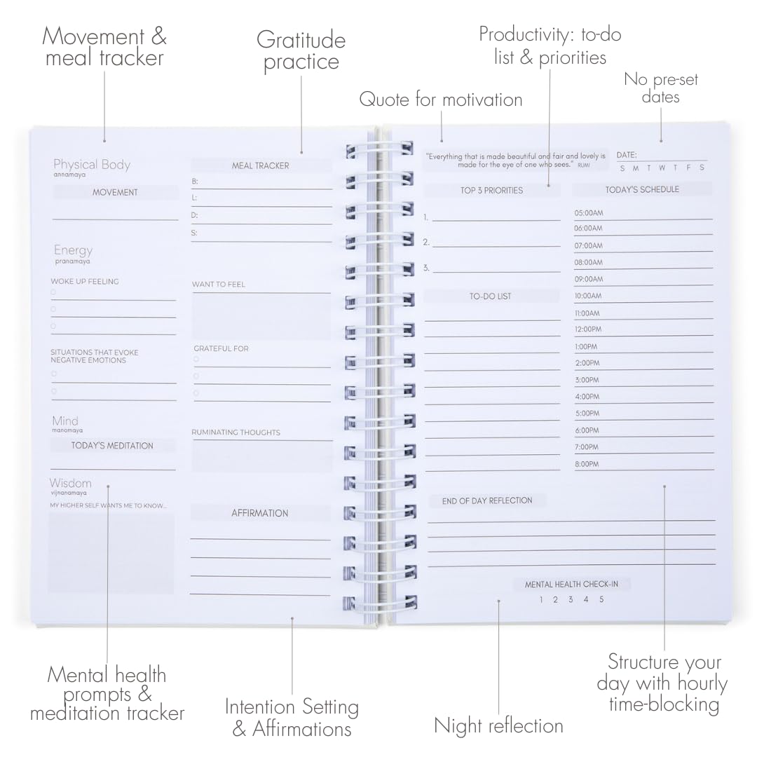 Daily Alignment Journal: Habit Tracker, Mindfulness Journal, Hourly Planner | Happiness & Productivity | Undated Hardcover Spiral Planner, White Journal for Mental Health - Wellness Gift Ideas