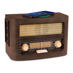 fuse vint vintage retro radio | wireless charging pad | am/fm radio speaker with bluetooth & aux input | mid century modern style | real handcrafted ashtree wood exterior