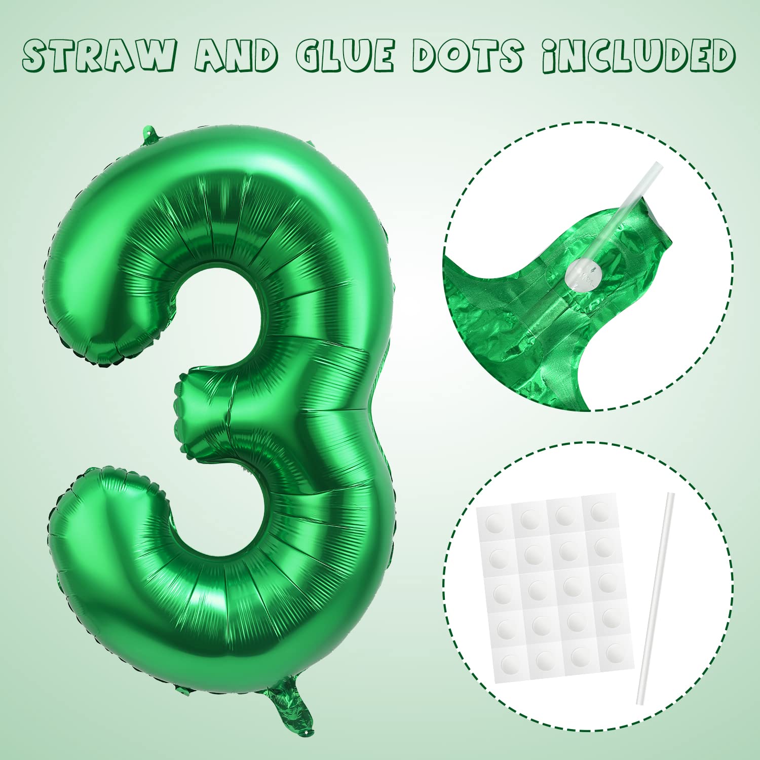 40 Inch Dark Green Number 3 Dinosaur Balloon, Aluminum Foil Large Number Balloon Green Balloon Cute Dinosaur Balloon for Birthday Party Anniversary Celebration Decoration