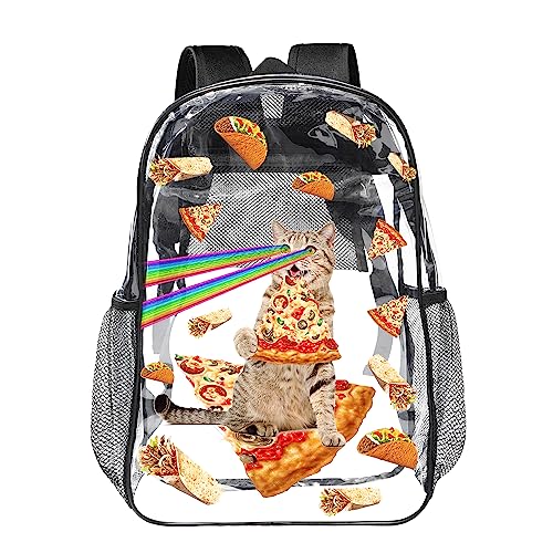 Pizza Cat Clear Backpacks for School Girls Boys Adults, 17 Inch See Through Backpack, Kids Clear Backpack, Heavy Duty PVC Transparent Backpack for Sports, Work, Stadium, Security Travel, College