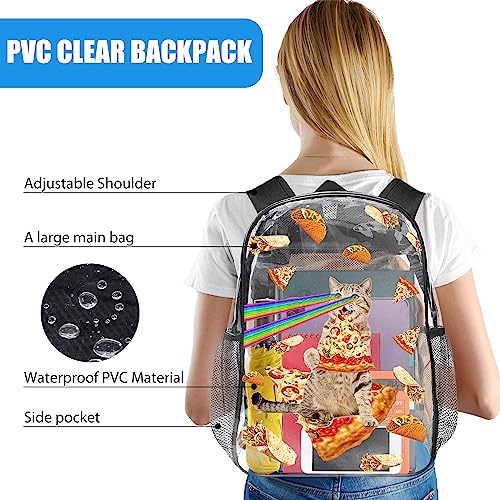 Pizza Cat Clear Backpacks for School Girls Boys Adults, 17 Inch See Through Backpack, Kids Clear Backpack, Heavy Duty PVC Transparent Backpack for Sports, Work, Stadium, Security Travel, College