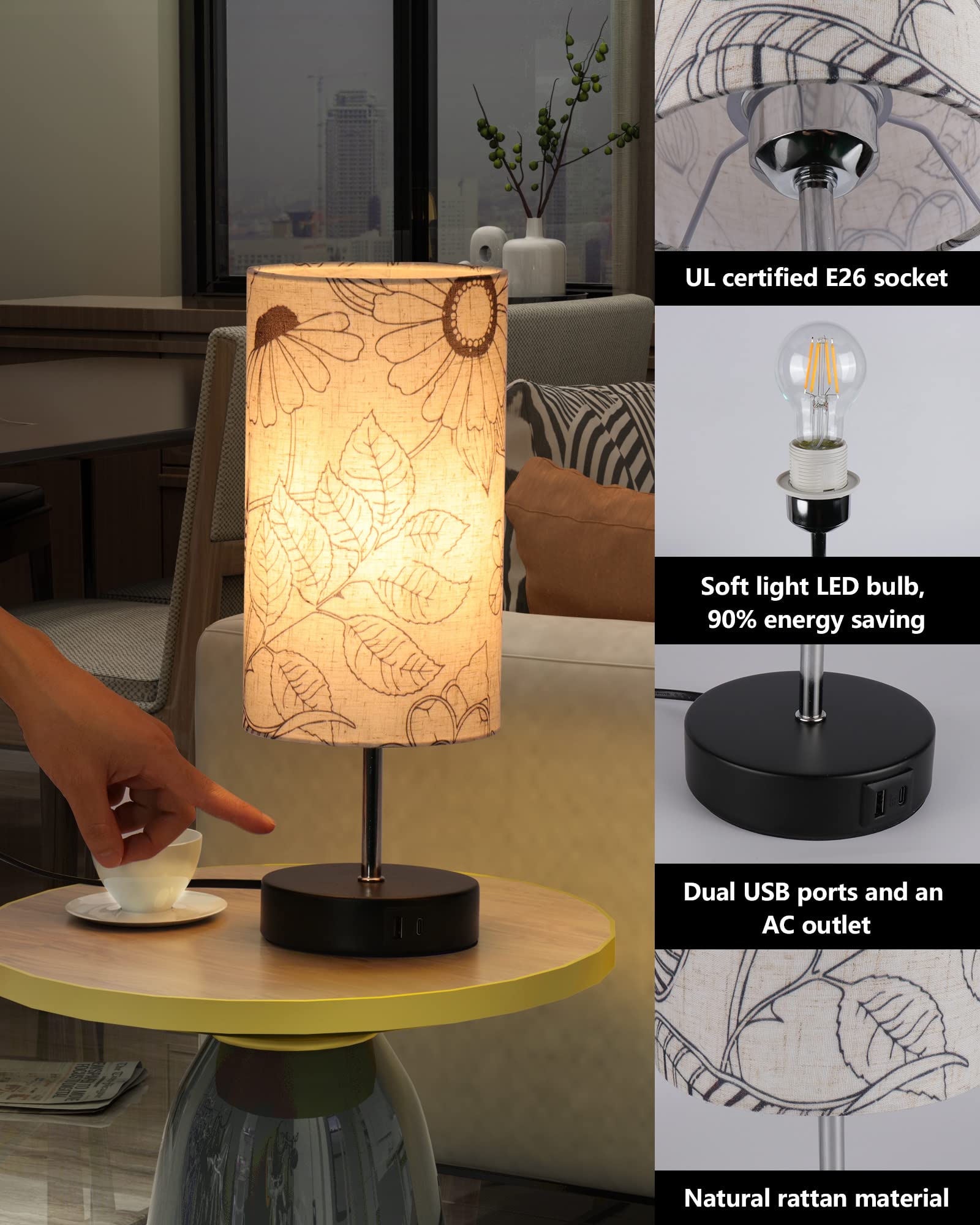 Lanmonlily Touch Control Desk Lamp with 2 USB Ports, 3-Way Dimmable Bedside Lamp for Bedroom, Nightstand Lamp with Round Flower Fabric Shade for Living Room, Home Office (E26 LED Bulb Included)