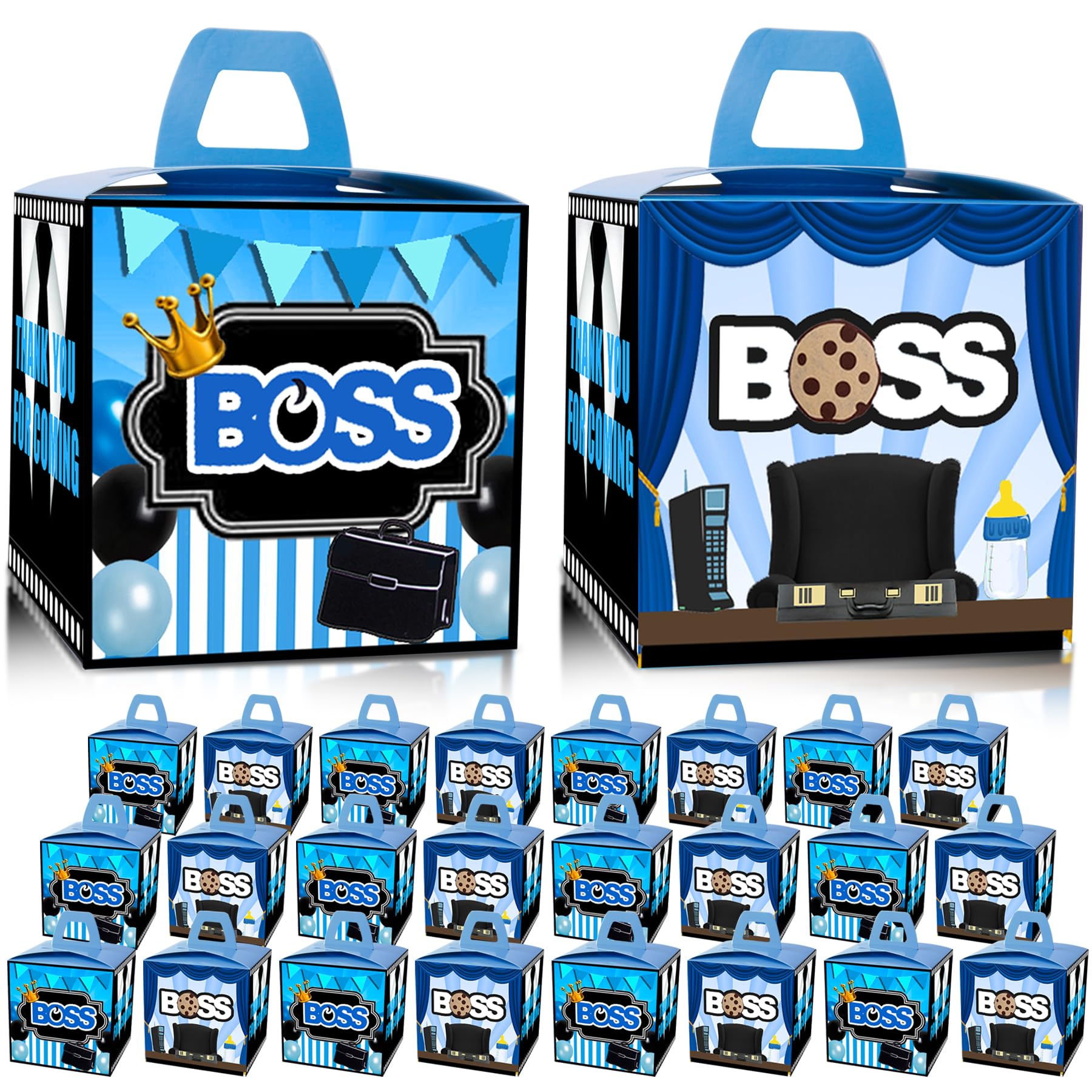 HAPPARTY BOSS Party Favor Boxes 24 PCS,Blue BOSS Boy BABY Gift goodie boxes, boss birthday favor candy treat boxes, boss 1st 2nd birthday decorations, boss birthday party supplies