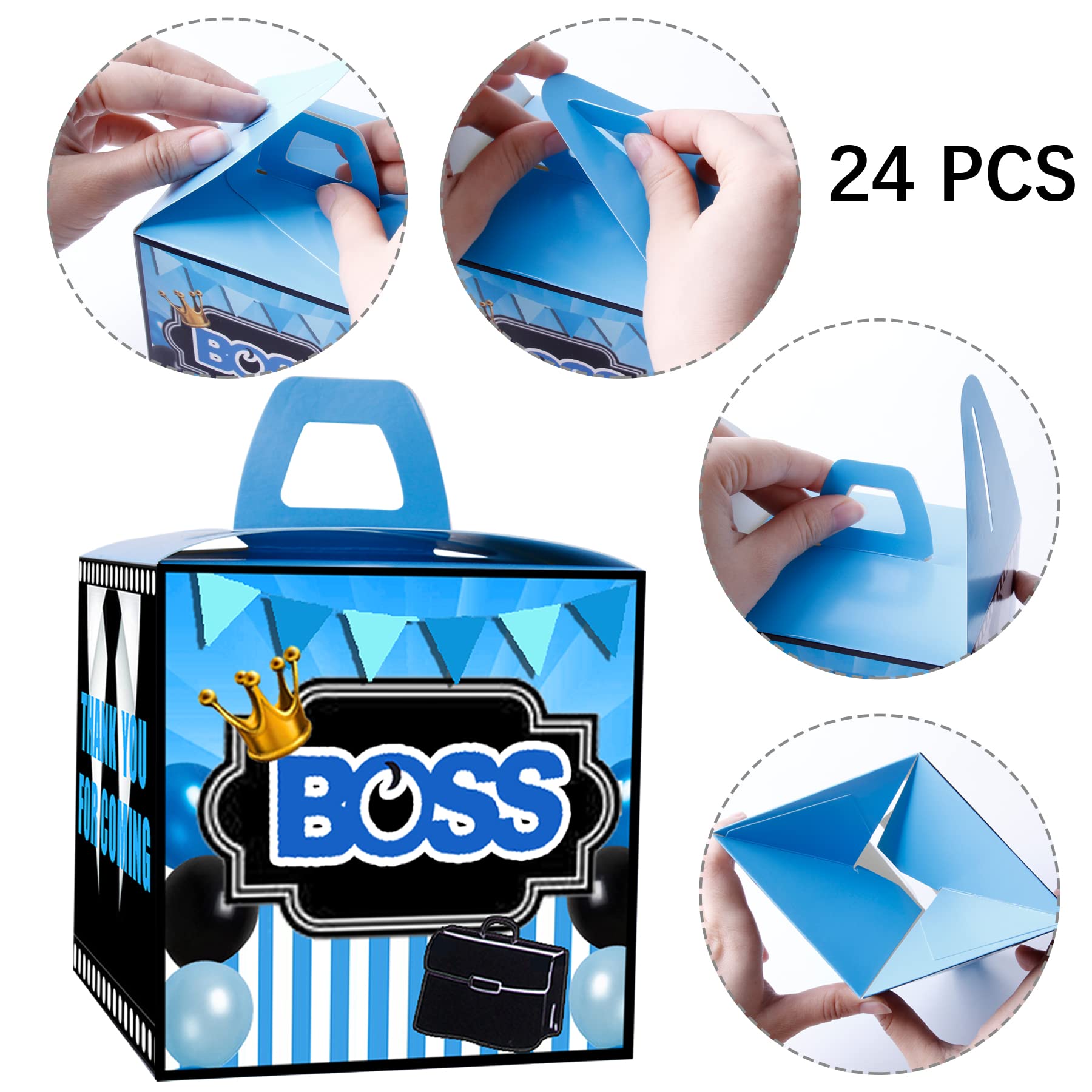 HAPPARTY BOSS Party Favor Boxes 24 PCS,Blue BOSS Boy BABY Gift goodie boxes, boss birthday favor candy treat boxes, boss 1st 2nd birthday decorations, boss birthday party supplies