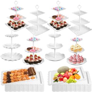 dandat 24 pcs white cake stand plastic dessert table stand set, 8 pcs 3 tire cake display tower cupcake cookie tray and display stands, 16 pcs plastic dessert trays for wedding baby shower tea party