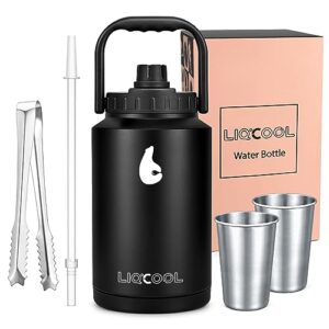 liqcool 1 gallon water jug, 128oz insulated water bottle, large vacuum gallon stainless steel water bottle with handle, wide mouth leak proof thermo bottle for outdoors camping, black