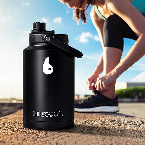 LiqCool 1 Gallon Water Jug, 128oz Insulated Water Bottle, Large Vacuum Gallon Stainless Steel Water Bottle With Handle, Wide Mouth Leak Proof Thermo Bottle for Outdoors Camping, Black