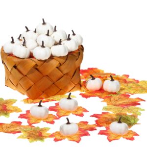 tigeen 50 pcs artificial mini fake pumpkins with 100 pcs lifelike fake maple leaves thanksgiving lifelike simulation mixed pumpkins for decorating fall harvest garland small realistic pumpkin for home