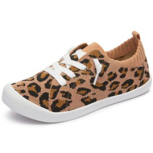 altocis women's knit slip on sneakers ladies elastic low top flats lightweight breathe mesh fashion sneakers cute flying woven loafers(leopard us9)