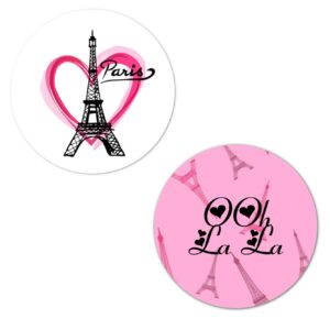 40 paris eiffel tower pink round stickers, 2 inch big round glossy labels, theme for baby shower, birthday, wedding, bridal shower, great for party favors, tags, games and supplies. made in usa