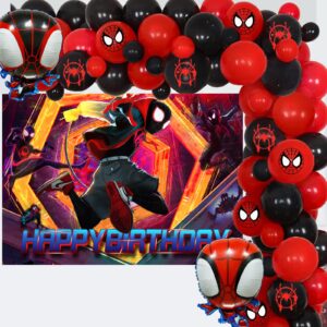miles birthday party decorations,85pcs spider miles morales party balloon garland with happy birthday backdrop and foil balloons for boys, girls spider themer party supplies