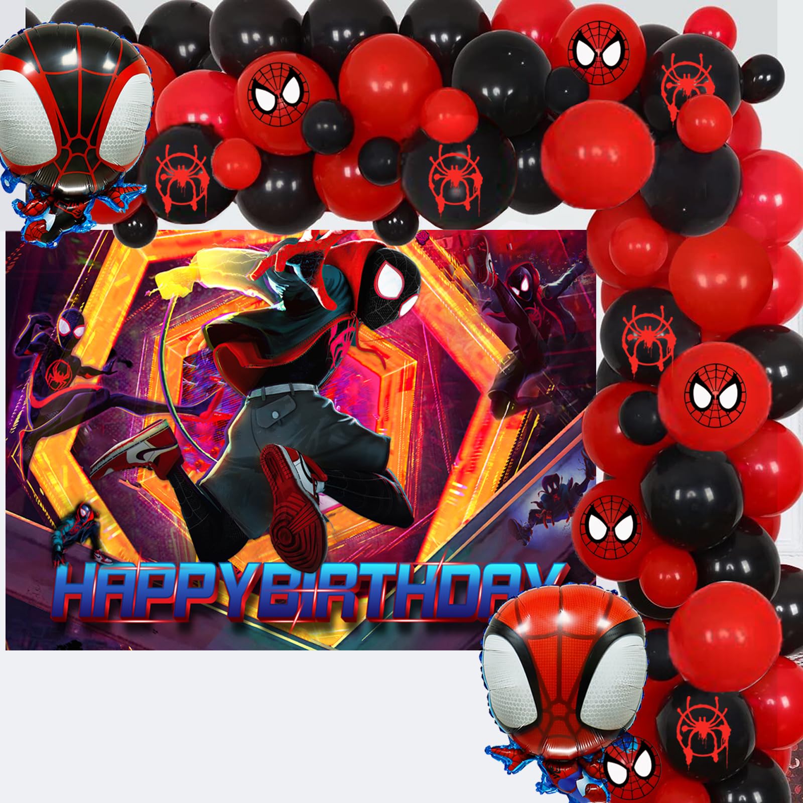 Miles Birthday Party Decorations,85Pcs Spider Miles Morales Party Balloon Garland with Happy Birthday Backdrop and Foil Balloons for Boys, Girls Spider Themer Party Supplies