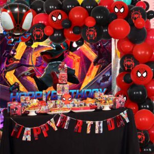 Miles Birthday Party Decorations,85Pcs Spider Miles Morales Party Balloon Garland with Happy Birthday Backdrop and Foil Balloons for Boys, Girls Spider Themer Party Supplies