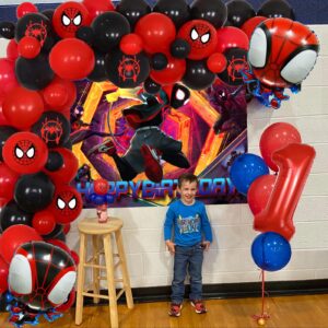 Miles Birthday Party Decorations,85Pcs Spider Miles Morales Party Balloon Garland with Happy Birthday Backdrop and Foil Balloons for Boys, Girls Spider Themer Party Supplies