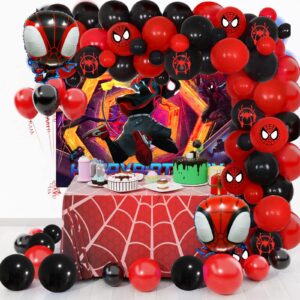 Miles Birthday Party Decorations,85Pcs Spider Miles Morales Party Balloon Garland with Happy Birthday Backdrop and Foil Balloons for Boys, Girls Spider Themer Party Supplies