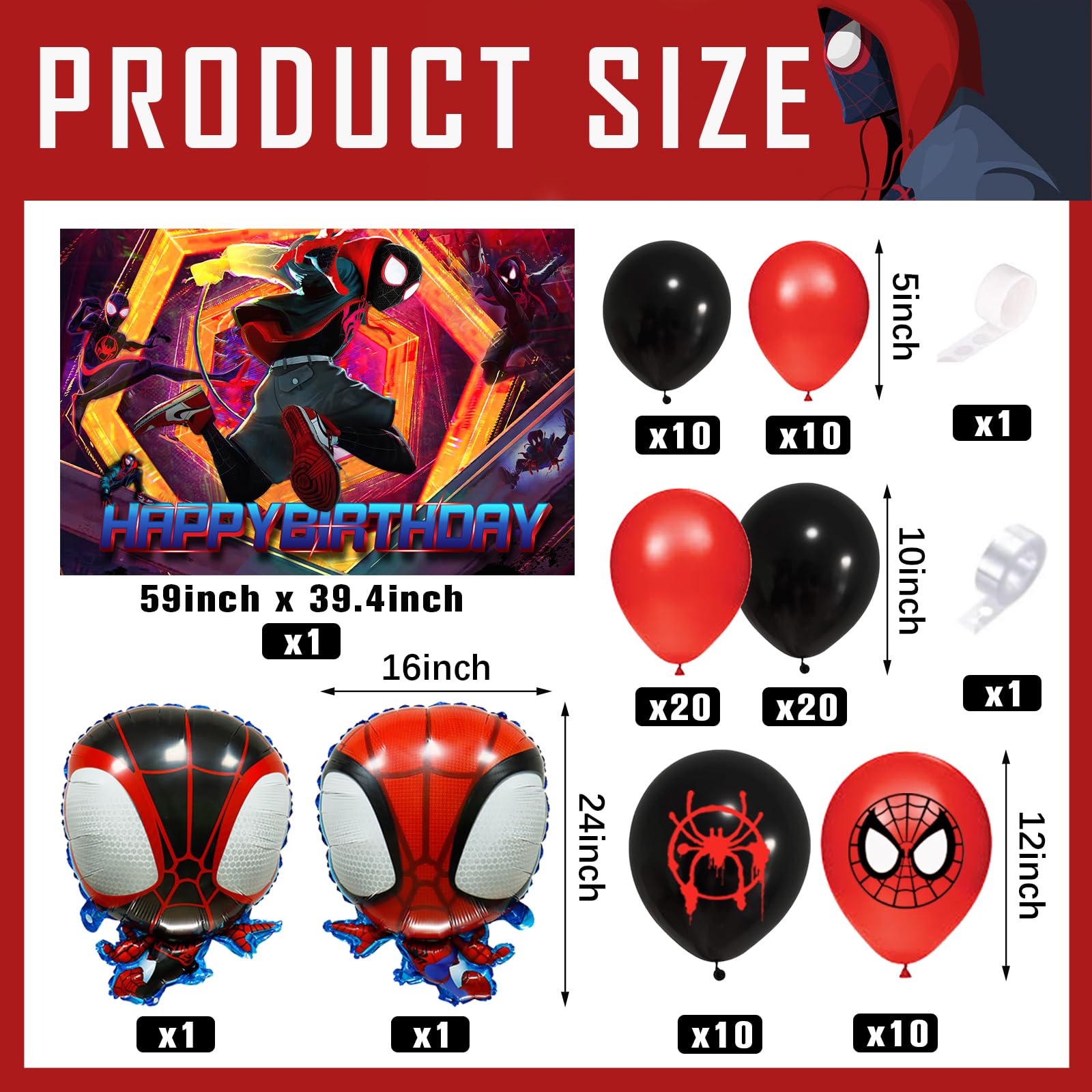 Miles Birthday Party Decorations,85Pcs Spider Miles Morales Party Balloon Garland with Happy Birthday Backdrop and Foil Balloons for Boys, Girls Spider Themer Party Supplies