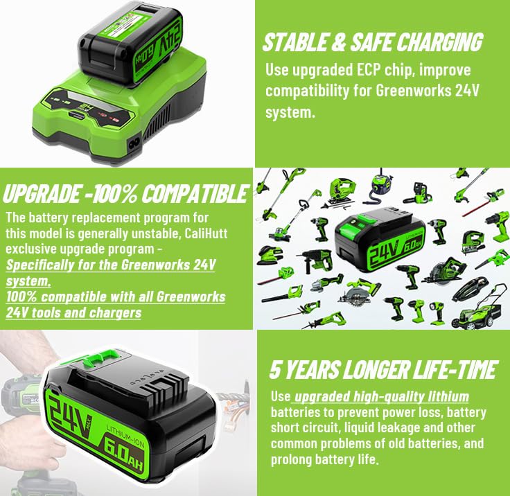 CaliHutt 【Upgrade!!】 2Pack 24V 6.0Ah Replacement Battery for Greenworks 24V/48V Max 29842 29852 29322 Lithium lon Battery 20352 22232 2508302 Cordless Tools