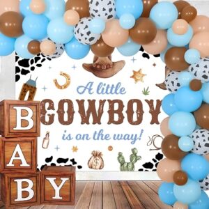 cowboy baby shower decorations, western theme baby shower decorations include cowboy balloon garland kit, baby shower boxes and cowboy backdrop for baby shower party supplies