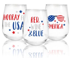 whaline 3pcs patriotic stemless wine glasses 17oz american flag glasses tumbler cups drinking glasses independence day party cups for 4th of july supplies kitchen decor gifts