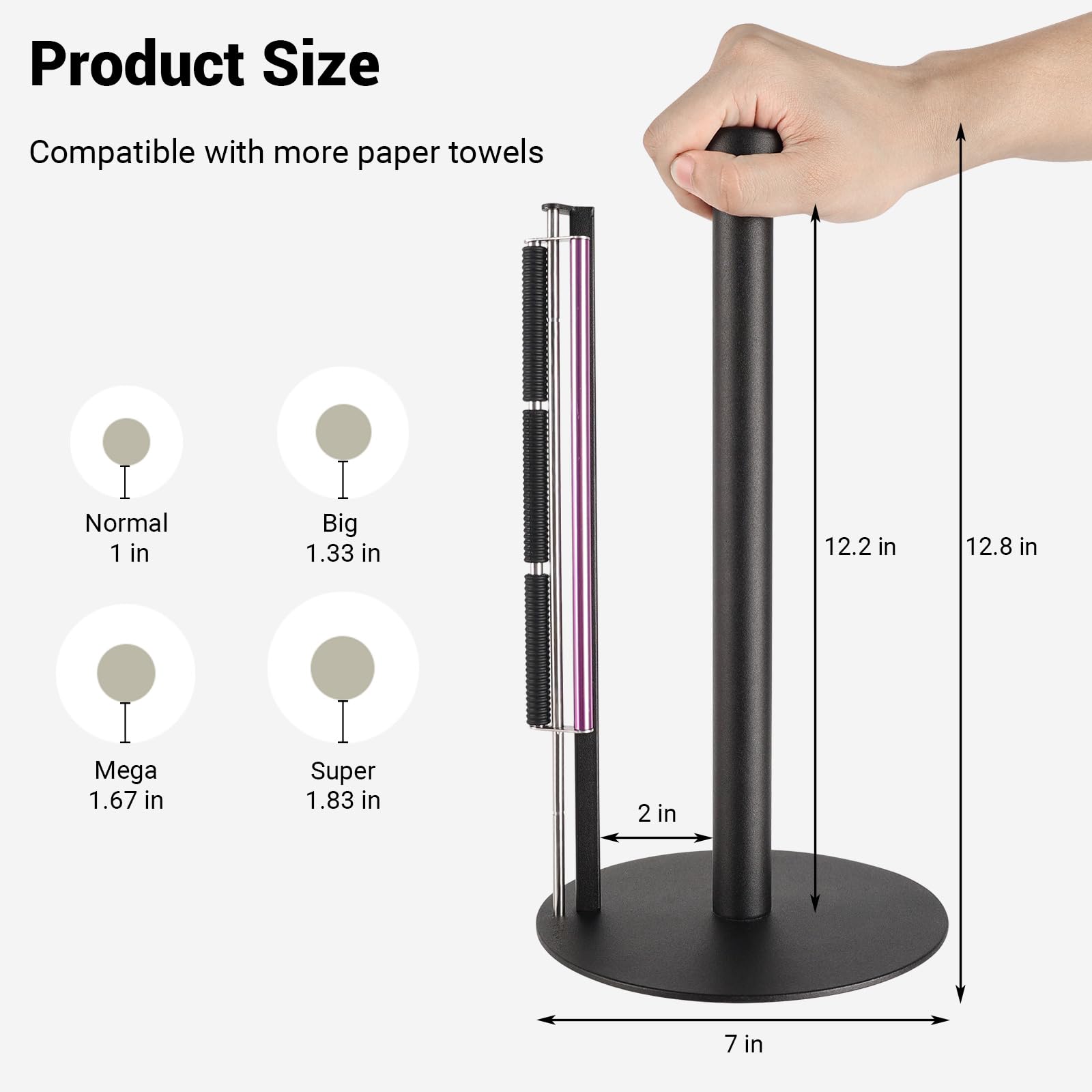 LOEFME Paper Towel Holder Stand, Easy One-Handed Tear Paper Towel Holder Countertop with Suction Cups, Stainless Steel Paper Towel Rack for Kitchen and Dining Room Table, Black