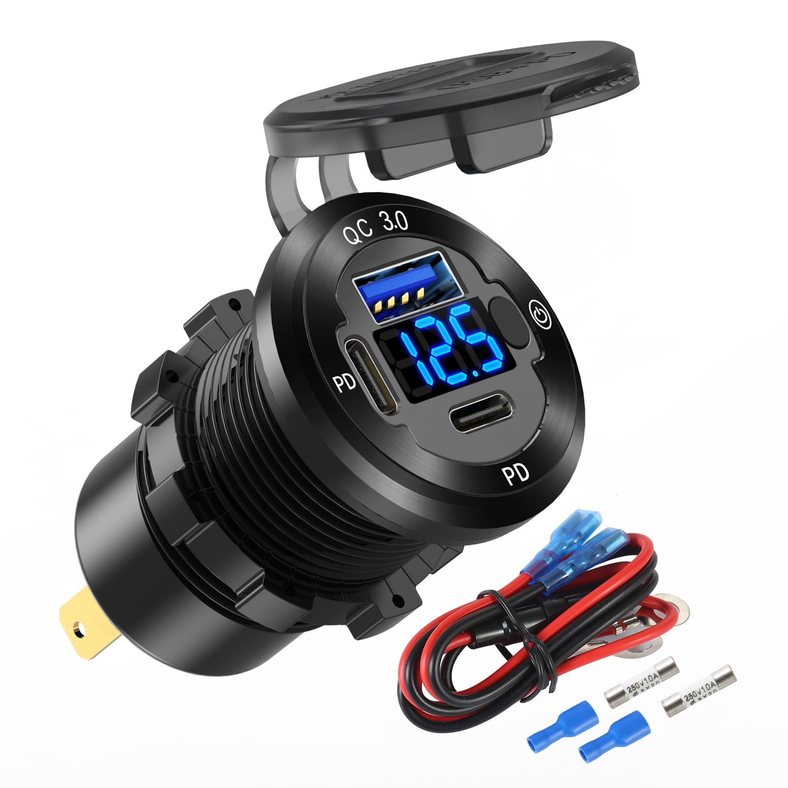 12V USB Car Socket Round USB C 12V Outlet, 3-Port Marine USB Fast Charger Waterproof Cigarette Outlet USB Replacement Aluminum with Switch & Voltmeter, Suitable for Boat Golf Cart RV Motorcycle Truck