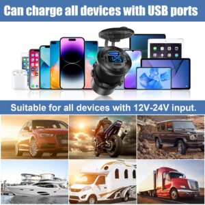 12V USB Car Socket Round USB C 12V Outlet, 3-Port Marine USB Fast Charger Waterproof Cigarette Outlet USB Replacement Aluminum with Switch & Voltmeter, Suitable for Boat Golf Cart RV Motorcycle Truck