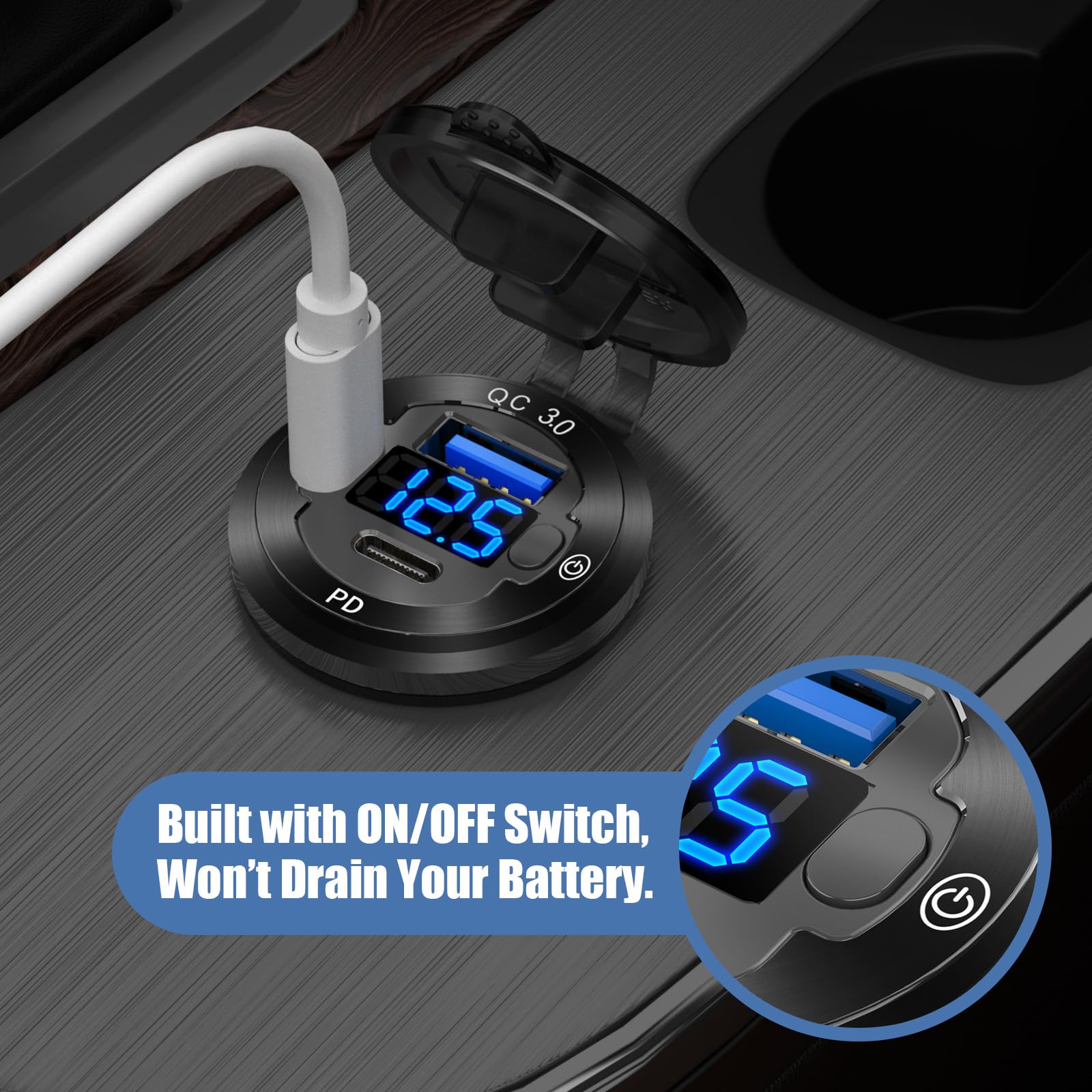 12V USB Car Socket Round USB C 12V Outlet, 3-Port Marine USB Fast Charger Waterproof Cigarette Outlet USB Replacement Aluminum with Switch & Voltmeter, Suitable for Boat Golf Cart RV Motorcycle Truck