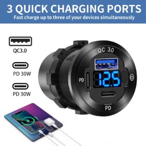 12V USB Car Socket Round USB C 12V Outlet, 3-Port Marine USB Fast Charger Waterproof Cigarette Outlet USB Replacement Aluminum with Switch & Voltmeter, Suitable for Boat Golf Cart RV Motorcycle Truck