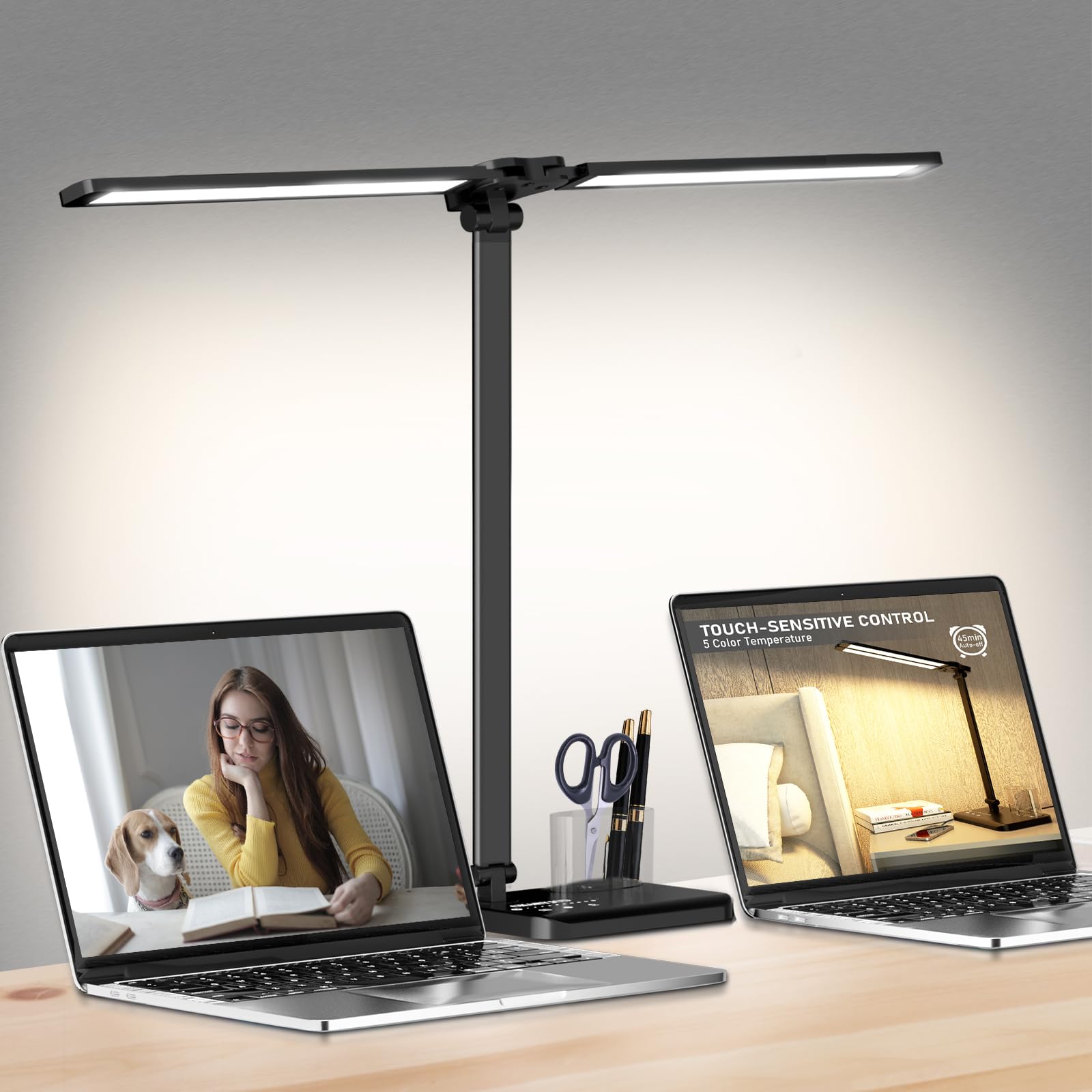 CHARYJOD Dimmable LED Desk Lamp with USB Charging Port, 50 Lighting Modes Dual Swing Arm Architect Table Lamp Light Desk Lamp for Home Office Dorm Piano Nail