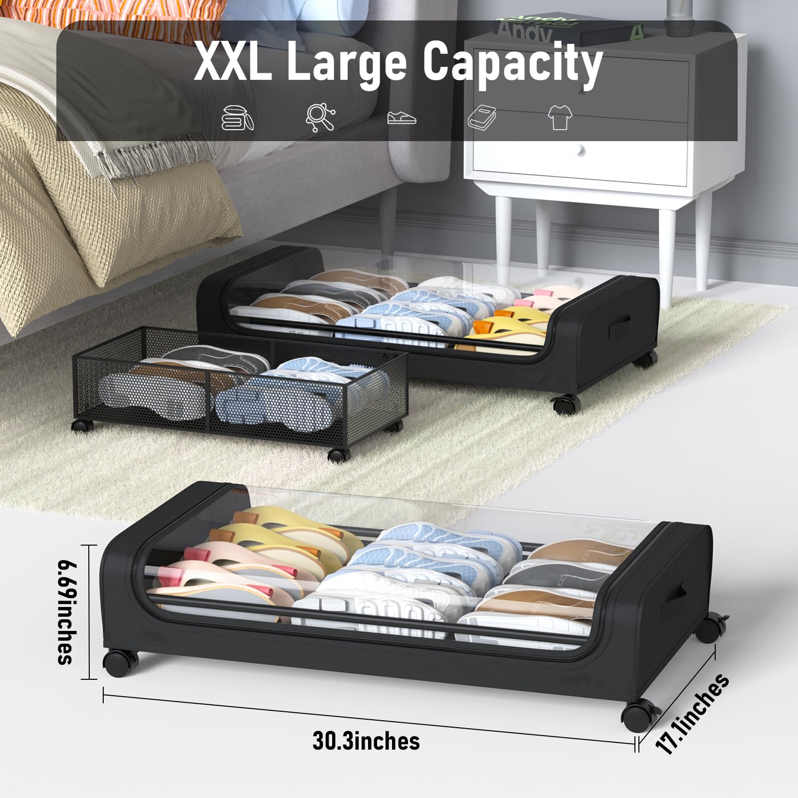 Under Bed Storage with Wheels and Lid, Under Bed Rolling Storage with XXL Large Capacity, Under the Bed Storage for Bedroom Under Bed Storage Containers for Clothes Shoe Blanket Toy Book byAUING,2Pack