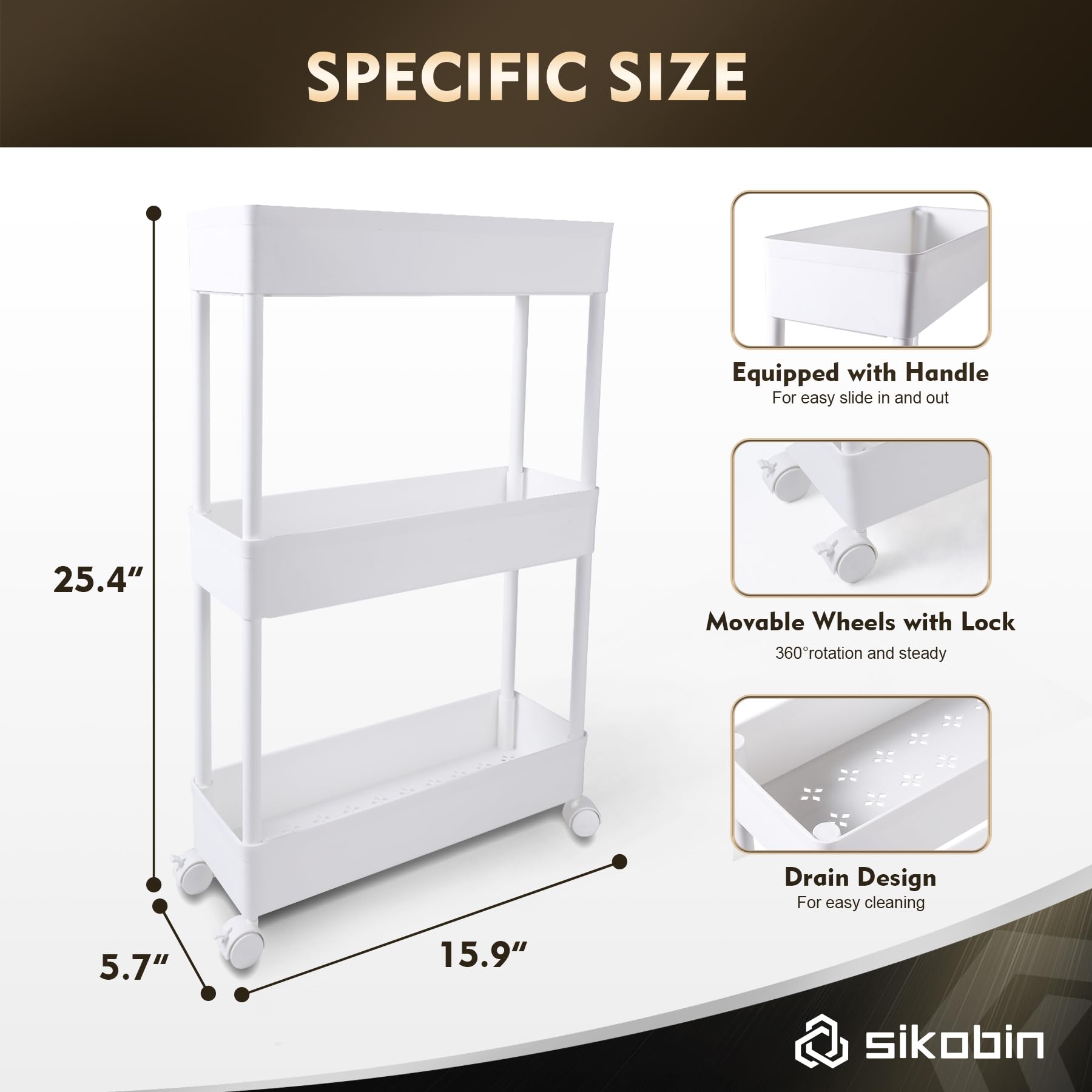 Sikobin 3-Tier Rolling Storage Cart Utility Cart Trolley Mobile Organizer with Lockable Caster Wheels Standing Rack Shelving Unit Organizer Kitchen Bathroom Laundry Room