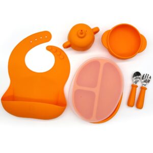 kcmi silicone baby led weaning 9 piece set in pumpkin style - includes non-bpa suction plate with divider, suction bowl, pocket bib, cup lid, straw, spoon, fork, plate lid & sippy cup - orange