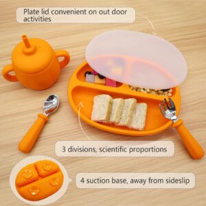 KCMI Silicone Baby Led Weaning 9 Piece Set in Pumpkin Style - Includes Non-BPA Suction Plate with Divider, Suction Bowl, Pocket Bib, Cup Lid, Straw, Spoon, Fork, Plate Lid & Sippy Cup - Orange