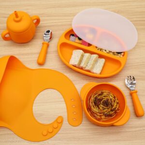 KCMI Silicone Baby Led Weaning 9 Piece Set in Pumpkin Style - Includes Non-BPA Suction Plate with Divider, Suction Bowl, Pocket Bib, Cup Lid, Straw, Spoon, Fork, Plate Lid & Sippy Cup - Orange