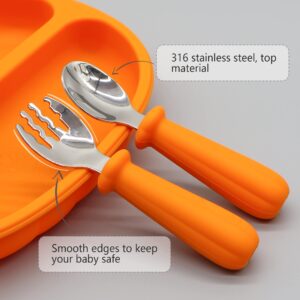 KCMI Silicone Baby Led Weaning 9 Piece Set in Pumpkin Style - Includes Non-BPA Suction Plate with Divider, Suction Bowl, Pocket Bib, Cup Lid, Straw, Spoon, Fork, Plate Lid & Sippy Cup - Orange