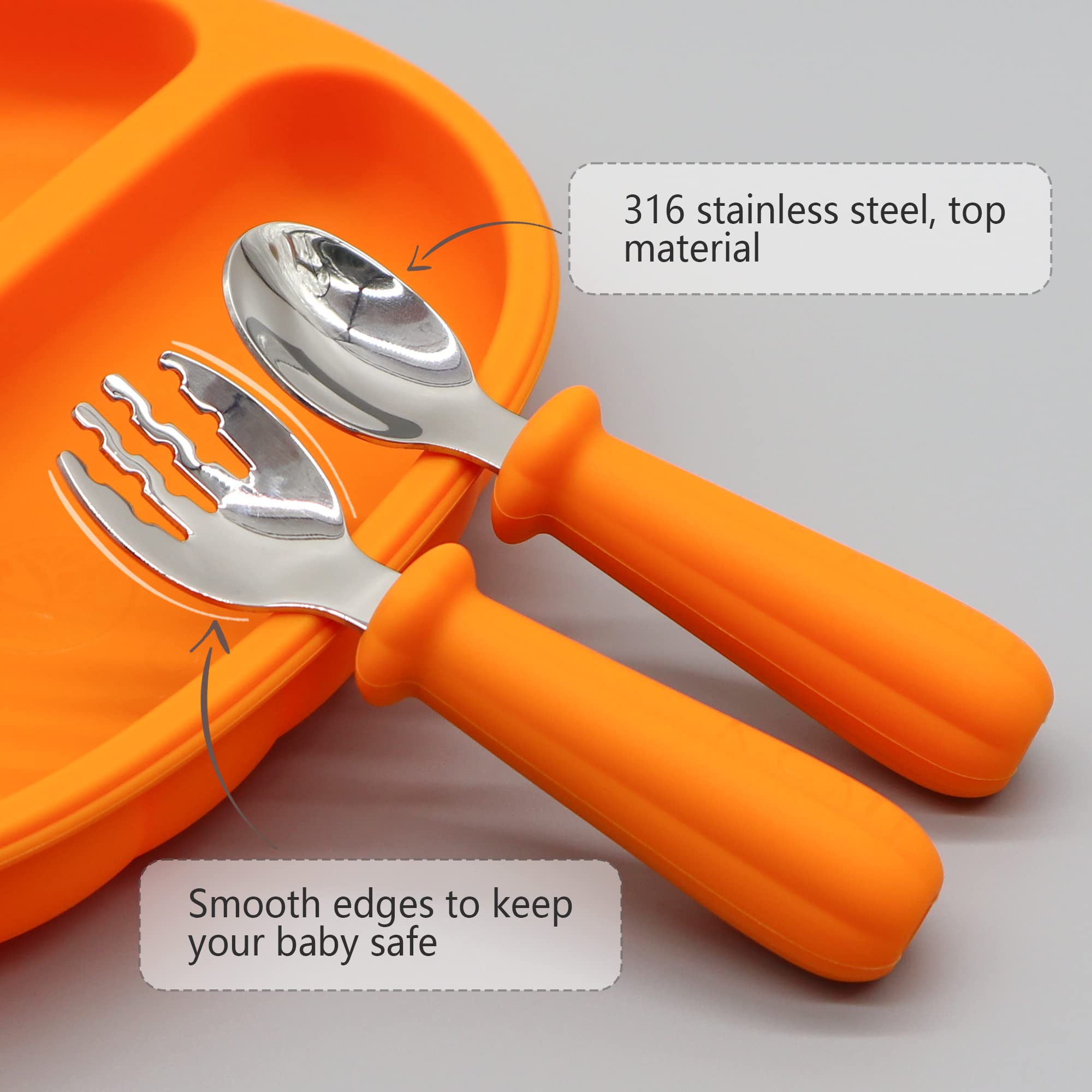 KCMI Silicone Baby Led Weaning 9 Piece Set in Pumpkin Style - Includes Non-BPA Suction Plate with Divider, Suction Bowl, Pocket Bib, Cup Lid, Straw, Spoon, Fork, Plate Lid & Sippy Cup - Orange