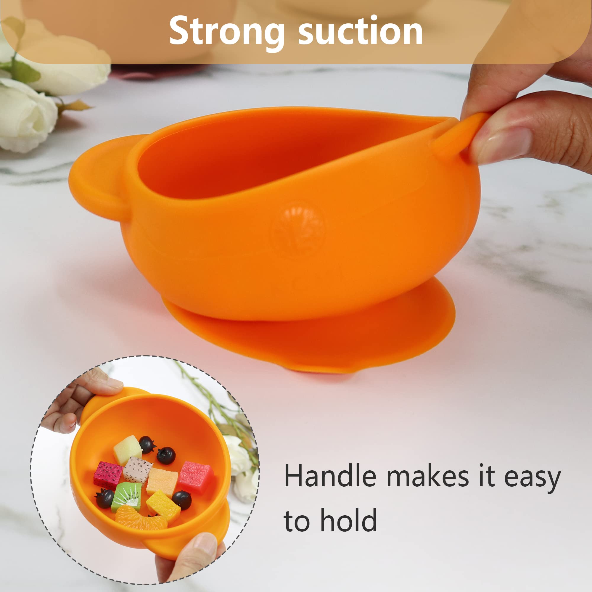 KCMI Silicone Baby Led Weaning 9 Piece Set in Pumpkin Style - Includes Non-BPA Suction Plate with Divider, Suction Bowl, Pocket Bib, Cup Lid, Straw, Spoon, Fork, Plate Lid & Sippy Cup - Orange