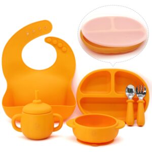 KCMI Silicone Baby Led Weaning 9 Piece Set in Pumpkin Style - Includes Non-BPA Suction Plate with Divider, Suction Bowl, Pocket Bib, Cup Lid, Straw, Spoon, Fork, Plate Lid & Sippy Cup - Orange