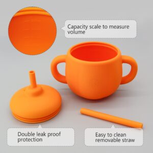 KCMI Silicone Baby Led Weaning 9 Piece Set in Pumpkin Style - Includes Non-BPA Suction Plate with Divider, Suction Bowl, Pocket Bib, Cup Lid, Straw, Spoon, Fork, Plate Lid & Sippy Cup - Orange