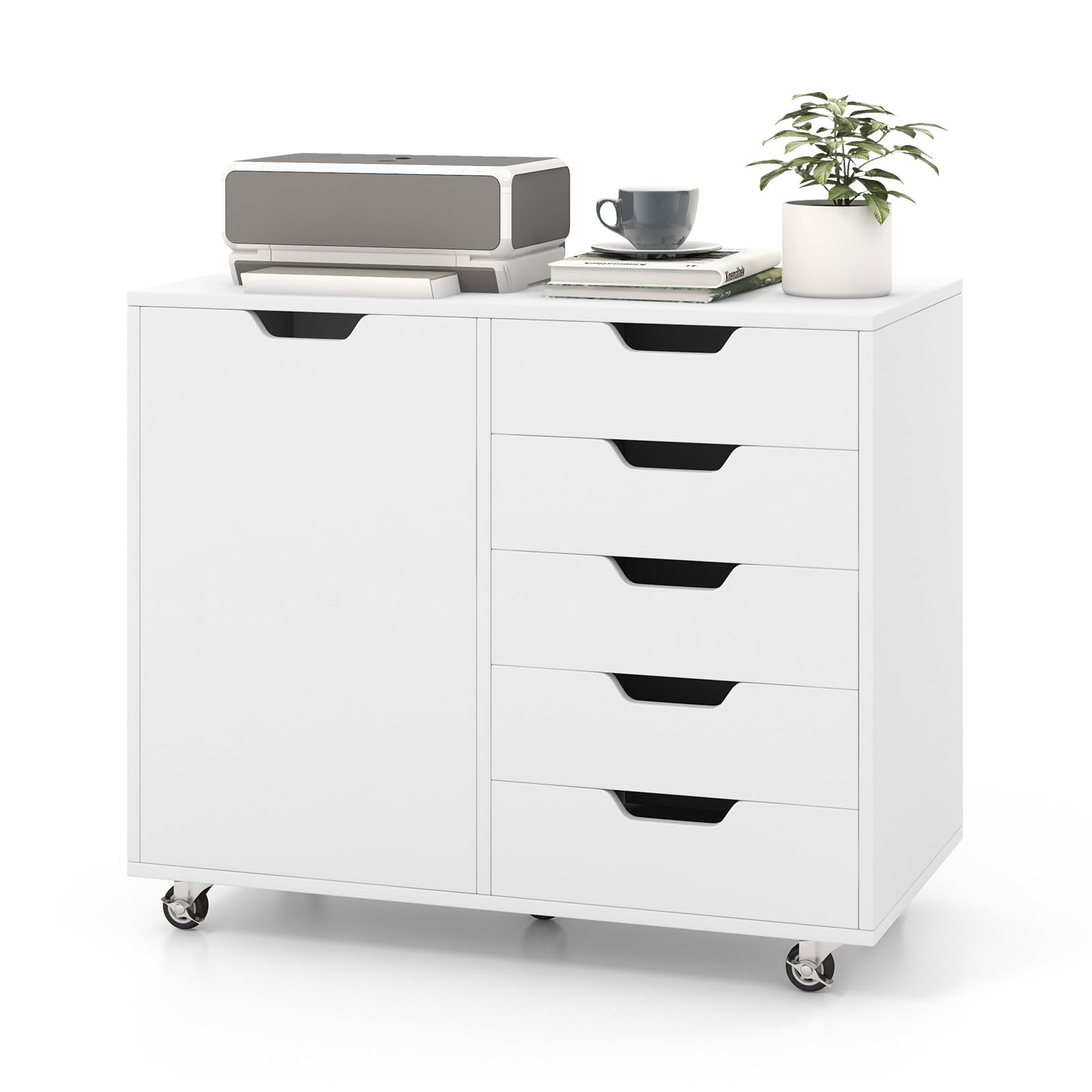 IFANNY Modern File Cabinet, White Lateral Filing Cabinet 5 Drawer with Universal Wheels, Wood Printer Stand with Storage, Rolling File Cabinets for Home Office, Living Dining Room, Bedroom, Kitchen