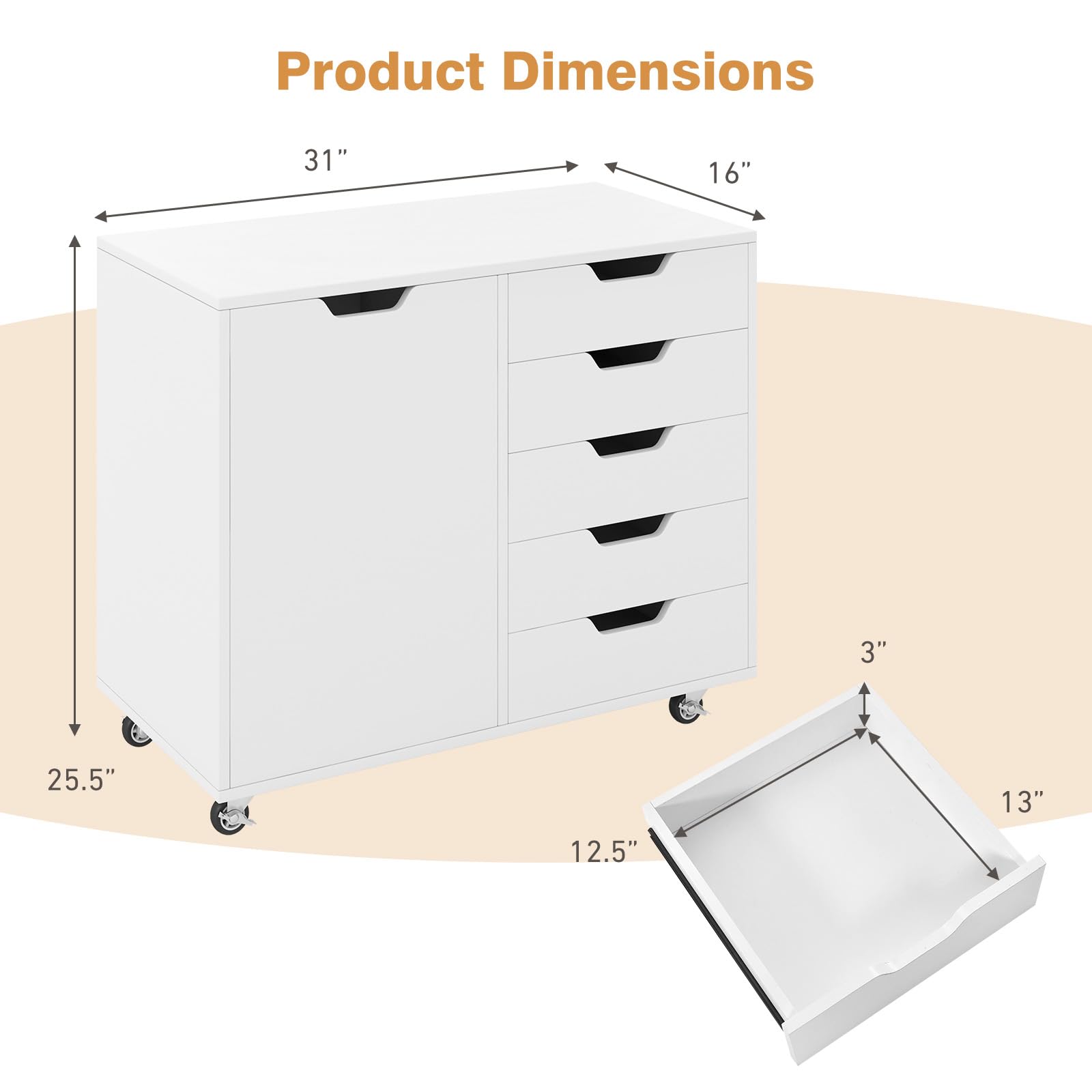 IFANNY Modern File Cabinet, White Lateral Filing Cabinet 5 Drawer with Universal Wheels, Wood Printer Stand with Storage, Rolling File Cabinets for Home Office, Living Dining Room, Bedroom, Kitchen