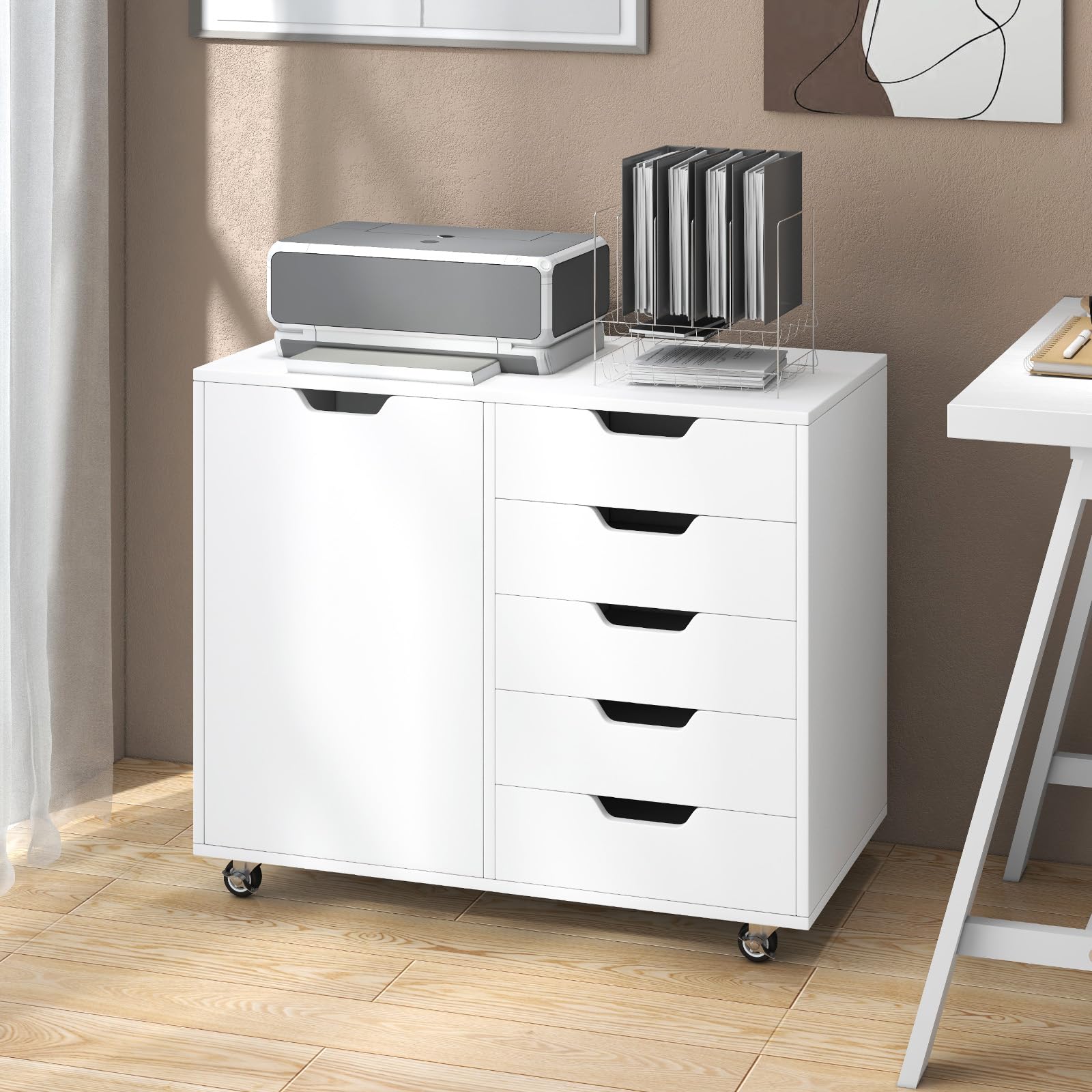 IFANNY Modern File Cabinet, White Lateral Filing Cabinet 5 Drawer with Universal Wheels, Wood Printer Stand with Storage, Rolling File Cabinets for Home Office, Living Dining Room, Bedroom, Kitchen