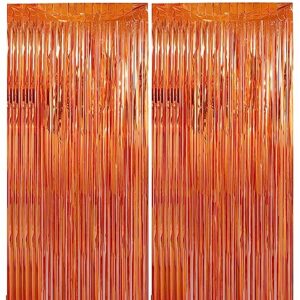 2 pack 3.2 ft x 9.8 ft orange tinsel curtain party backdrop decorations, metallic foil fringe backdrop door for halloween, christmas, birthday graduation wedding party streamers photo backdrop.
